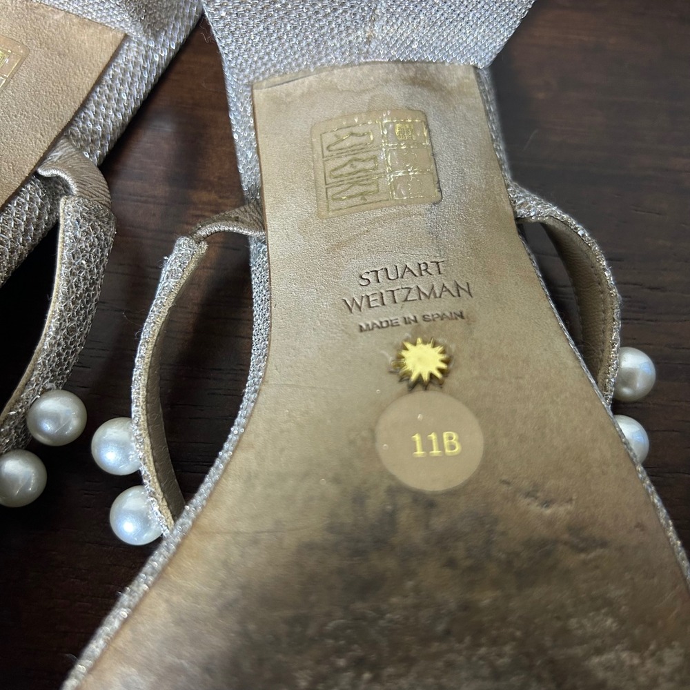 Stuart Weitzman Sandals Sz 11 Goldie 60 Pearl Glitter Block Slide Champagne Gold - Picture 7 of 11